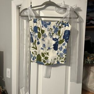 Reformation White and Blue Tulle Strap Top